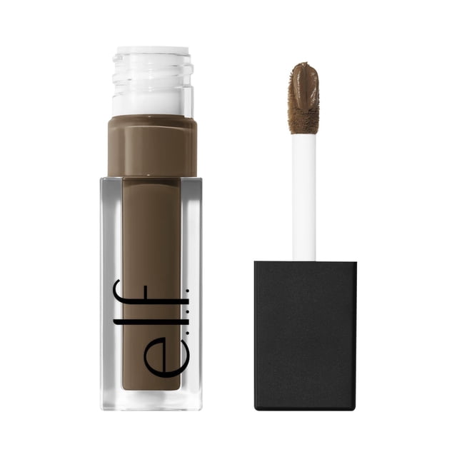 e.l.f. Cosmetics Liquid Velvet Eyeshadow, Cable Knit, 4.4 g, with a clear rectangular bottle containing matte brown liquid-to-powder eyeshadow and a black square cap with a white applicator wand coated in the same shade, designed for a diffused matte finish and suitable for soft, natural eye makeup looks.