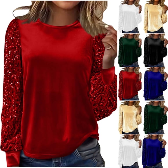 VKOYWKM Velvet Tops for Women Trendy Sparkly Sequin Long Sleeve Shirts Crew Neck Loose Velour Blouses Elegant Holiday Party Shirt