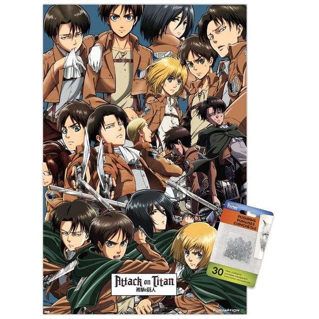 Attack on Titan - Affiche Murale Collage, 22,375 Po x 34 Po, Représentant Plusieurs Personnages d'Anime en Vestes de Corps d'Exploration Brunes et Capes Vertes avec Épées et Équipement de Manœuvre, Imprimée sur Papier Lustré pour un art Mural vibrant Convenant aux Chambres, Bureaux Ou Dortoirs.