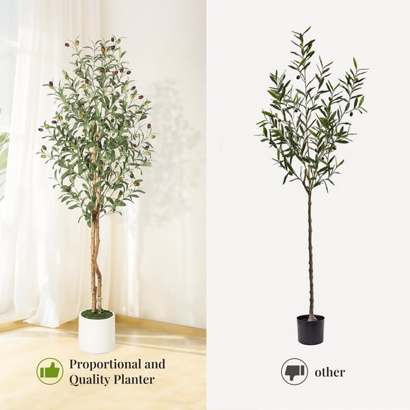 Realistic Artificial Olive Tree,Tall Faux Indoor Tree with Dual Natural Wood Trunks and Green Moss & White Planter Fake Olive Plant for Home, Office,7FT, 2PCS