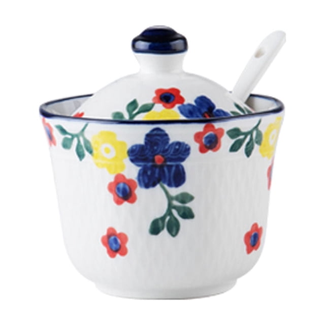 Hand Drawn Pattern Sugar Bowl With Lid, Ceramic Teacup Shape Sugar Pot, Coffee Accessories, Sugar Pourer, Kitchen Storage-Bauhinia-1