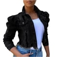 thumbnail image 1 of CEHVOM Veste en Denim pour Femmes, Courte, à Revers, Effilochée, à Boutons, à Manches Bouffantes, Coupe Ajustée, 1 of 6