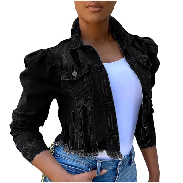 CEHVOM Veste en Denim pour Femmes, Courte, à Revers, Effilochée, à Boutons, à Manches Bouffantes, Coupe Ajustée