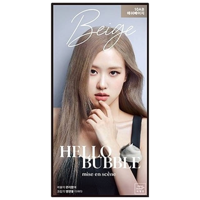 MISE EN SCENE Hello Bubble x BLACKPINK Hair Color Kit in beige shade, featuring a foam hair dye for easy application. The kit includes 15 color options designed by BLACKPINK, enriched with 11 plant-derived ingredients for vivid color and hair protection. The packaging highlights the beige color and product branding.