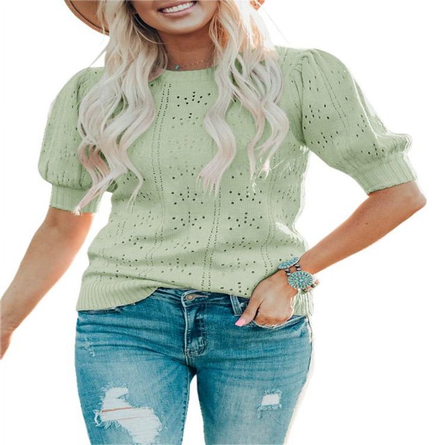 QJUHUNG Women Short Puff Sleeve Sweaters Loose Lightweight Pointelle Knit Pullover Tops