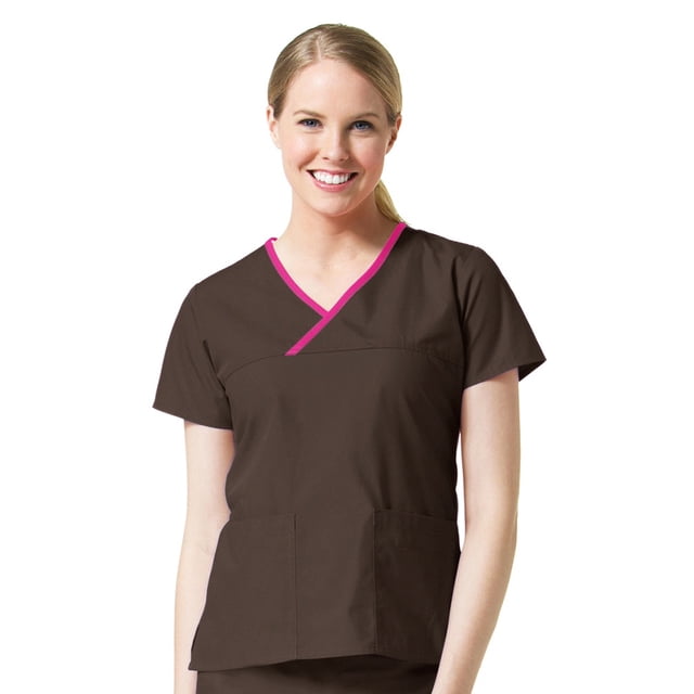 Core by Maevn Women's Y-Neck Mock Wrap Solid Scrub Top
