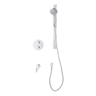Round 3-functions thermostatic valve, handheld shower 10 settings, bath spout or simultaneously, chrome finish
