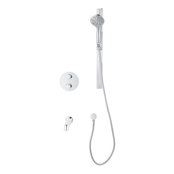 Round 3-functions thermostatic valve, handheld shower 10 settings, bath spout or simultaneously, chrome finish