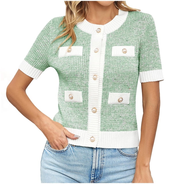 JGGSPWM Womens Short Sleeve Button Down Cardigans Sweater Cropped Lightweight Crew Neck Elegant Knit Tops with Pockets Green XXL