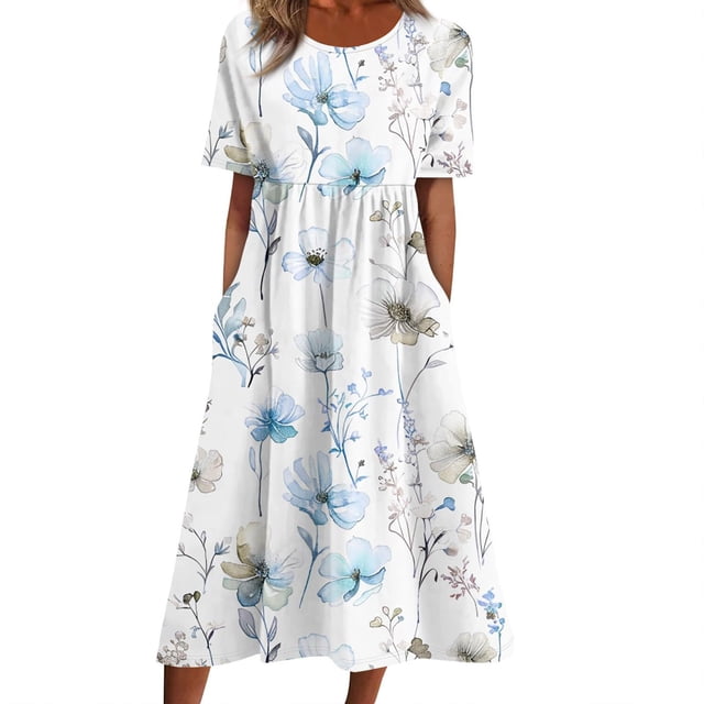 HomeGardon Liquidation de Robes d'Été! Robes pour Femmes 2025, Robes d'Été Décontractées pour Femmes à Col Rond, Manches Courtes, Fermeture Éclair, Pliantes, à Imprimé Floral, S-TTG