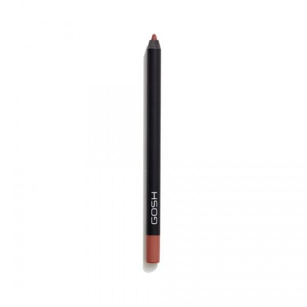 GOSH - Velvet Touch Lipliner Waterproof - Nougat Crisp is a slim black lip pencil with a matte brown tip and base, offering waterproof, no-transfer, matte pigmentation that prevents lipstick bleeding and is enriched with Vitamin E and Jojoba Oil, suitable for precise lip contouring or as a long-lasting matte lipstick.