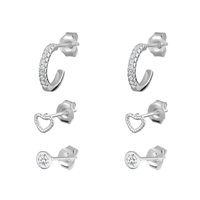Luxury Designs Sterling Silver Set of 3 studs featuring silver hoops with round brilliant cut cubic zirconia, textured open heart studs, and bezel-set cubic zirconia studs with butterfly backs, suitable for everyday wear or layering in secondary ear piercings.