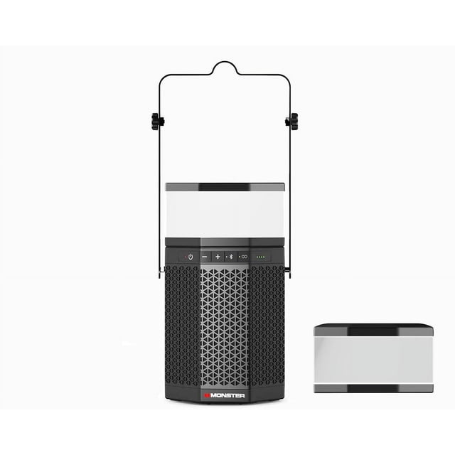 Monster Luna Haut-Parleur Bluetooth avec Lumières DEL Détachables Montrées Orientées vers l'Avant avec un Corps de Haut-Parleur à grille Géométrique Noire, Boutons de Contrôle Incluant l'Alimentation et le volume, et module Lumineux DEL Blanc Détachable Placé à Côté, Conçu pour un audio Sans Fil portable avec Éclairage Personnalisable.