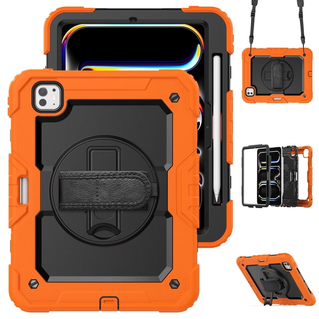 XYX For iPad Pro 11 inch Case 2024 (M4), 360 Rotating Shockproof Cover with Stand, Screen Protector, Shoulder Strap, Orange
