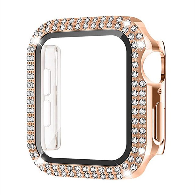 For Apple Watch Case 44mm Series 6/5/4/SE with Tempered Glass Screen Protector, Double Bling Case Crystal Diamonds Rhinestone Bumper Overall Hard PC Slim Protective Cover For iWatch 44mm
