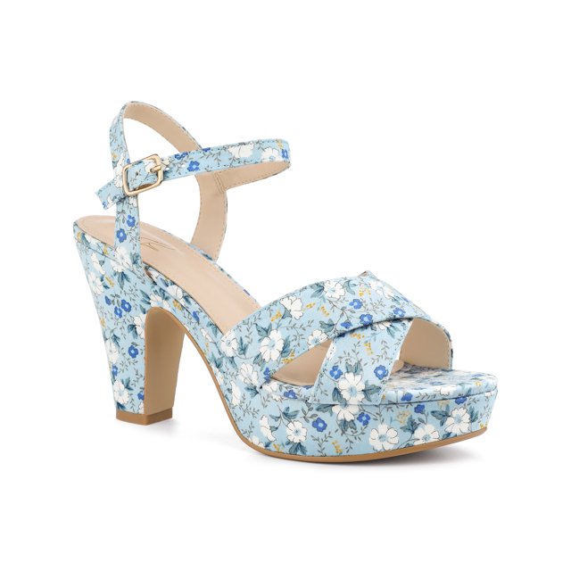 BLISSFUL STEP Women's Shoes Floral Pattern Platform Chunky Heel Open Toe Slingback Buckle Strap Sandals Blue 9