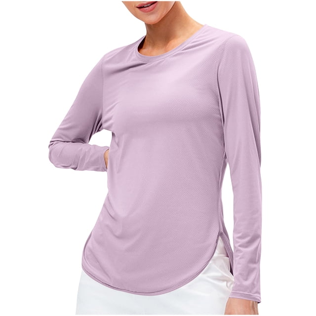 Mceream 2025 Chandails de Soleil à Manches Longues pour Femmes Protection Uv Hauts d'Entraînement Légers Golf Gym Randonnée Chandails Vêtements d'Extérieur Athlétique Col Rond Yoga Hauts Décontractés T-Shirt Uni Vêtements Grande Taille Violet P