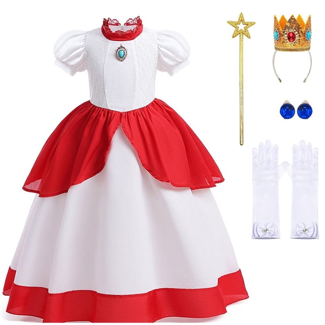 HAWEE Costume Pêche Filles Champignon Princess Peach Robe pour Anniversaire Halloween Cadeaux de Fête Tenue avec Accessoires. le Costume Comprend une Robe Blanche avec accents Rouges, Présentant une Encolure Douce, des Manches Bouffantes et un Ourlet de Jupe Duveteux à Étages. Accessoires Incluent une Couronne Dorée avec Strass Colorés, une Baguette en Forme d'Étoile, des Gants Blancs, des Boucles d'Oreilles Bleues et une Broche Bleue à Strass Détachable. Conçu pour les Filles de 3 à 12 Ans, Cette Tenue Est Parfaite pour le cosplay, l'Halloween, les Anniversaires et les Fêtes à Thème.