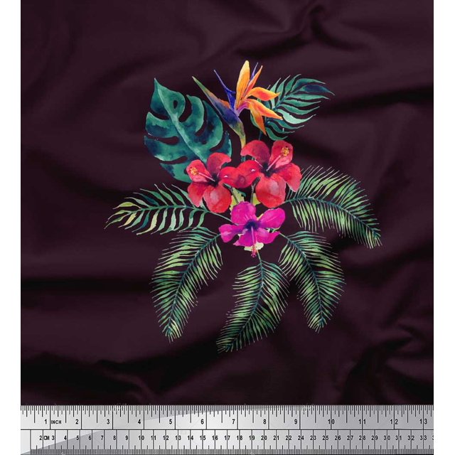 Soimoi Rayon Crepe Fabric Floral & Leaves Tropical Print Fabric by Yard 46 Inch Wide