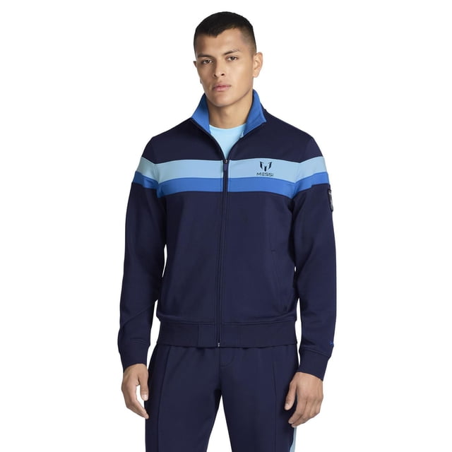 MESSI Chandail en TRICOT pour Hommes à Fermeture Éclair Intégrale JACKET en Bleu Marine avec Rayures Horizontales Bleu Pâle et Moyen sur la Poitrine et les Manches, avec une Fermeture Éclair avant Intégrale et le logo MESSI sur la Poitrine Gauche, Fabriqué en Mélange polyester-spandex Convenant aux Vêtements d'Extérieur et aux Tenues Décontractées pour Hommes.