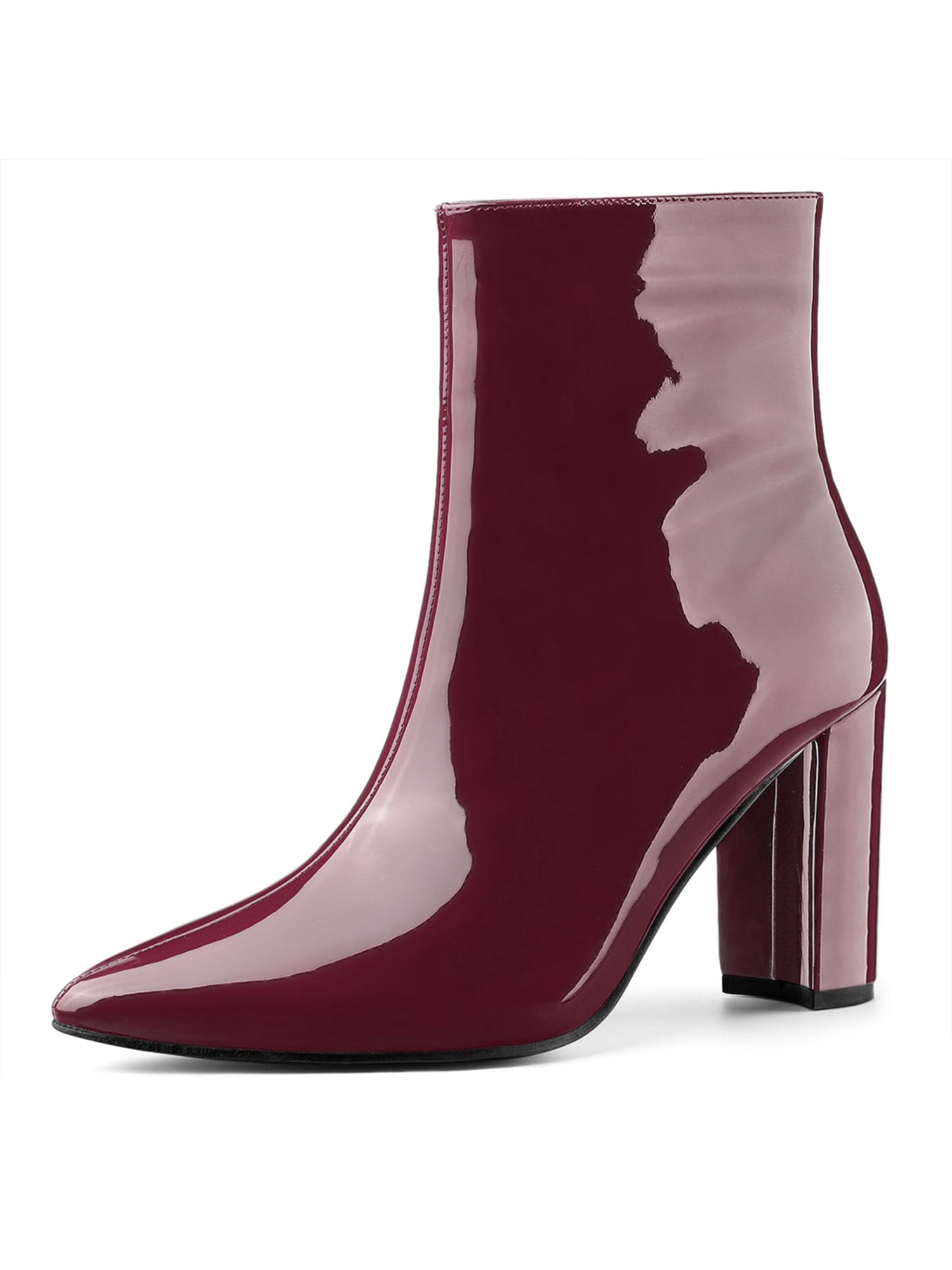 Unique Bargains Women's Pointed Toe Zipper Patent Leather Ankle Chunky Boots