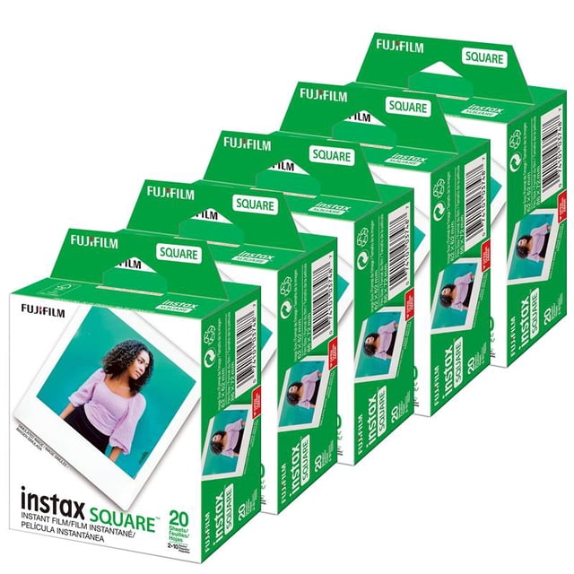 FUJIFILM Instax SQUARE Instant Film 20 sheets pack featuring five green and white boxes arranged in a row, each displaying a sample square instant photo with a white border and FUJIFILM branding, compatible with all Instax Square cameras and printers for instant photography.