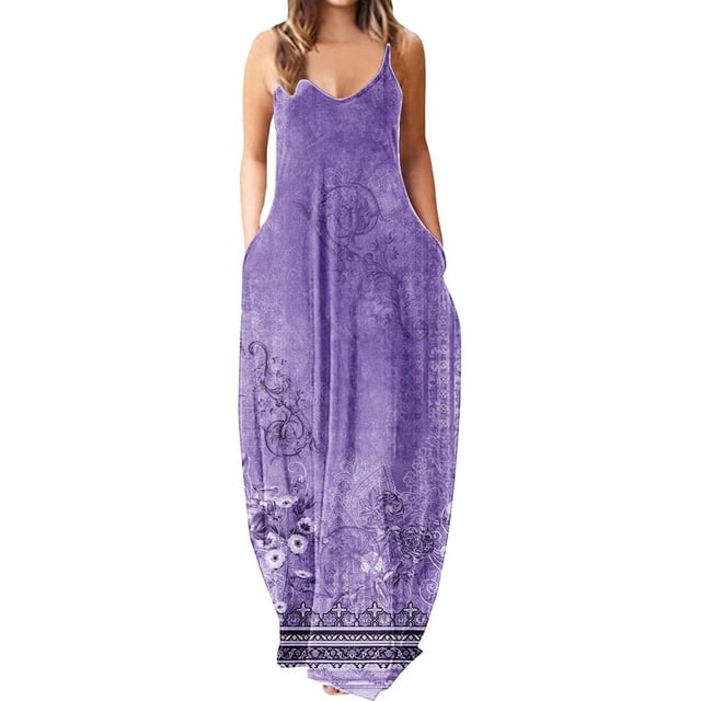 Robes Maxi Femmes Été Robe de Bretelles Spaghetti Grande Taille Décontracté Plage en Vrac Boho Robe de Soleil avec Poches