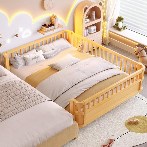 Bellemave Queen Size Montessori Bed with Fence and Slats, Queen Size Low Platform Bed Frame with Detachable Side Bed Rails and Rounded Corner Design, Easy Assemble Montessori Bed Natural