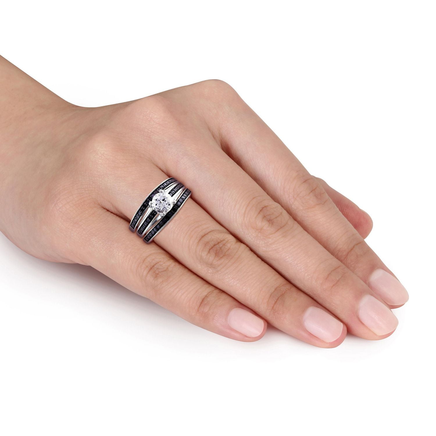Ensemble nuptiale 3-bagues Miabella avec saphir blanc synthétique et diamant noir 1/2 CT poids total en argent sterling