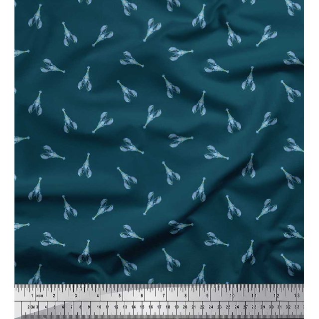 Soimoi Blue Poly Georgette Fabric Sea Prawns Ocean Printed Fabric 1 Yard 42 Inch Wide