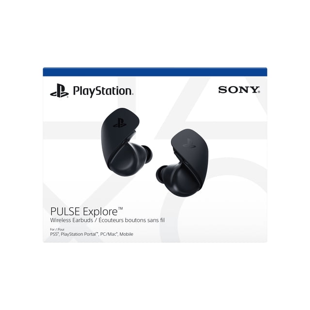PULSE Explore™ wireless earbuds Midnight Black shown on packaging with PlayStation and Sony logos, featuring compact matte black in-ear design with PlayStation logo, optimized for gaming audio and wireless connectivity on PS5, PlayStation Portal, PC, Mac, and mobile devices.