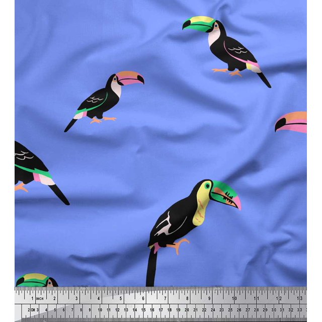 Soimoi Blue polyester Crepe Fabric Toucan Bird Printed Fabric 1 Yard 42 Inch Wide