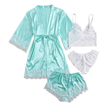 HNMKIU Nightwear for Womens Long Pyjama Set Placket Silk Night Lingerie Women's Tops And Shorts Casual Plain Sleepwear Nightdress
