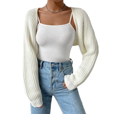Cardigan Court Ouvert pour Femme à Manches Longues, Couleur Unie, Boléro en Tricot Côtelé, Chandail, Hauts