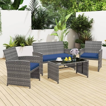 Costway 4PCS Patio Rattan Furniture Set Conversation Glass Table Top Sofa Cushioned Navy