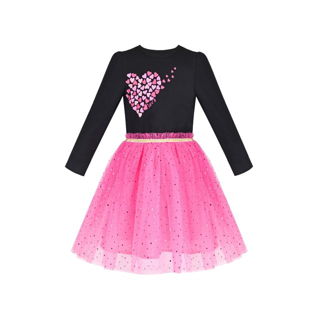 Robe Fille Noire Cœur Rose Sequins Tulle Saint-Valentin 6 Ans