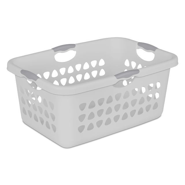 Sterilite 71 L Ultra™ Laundry Basket Cement with a wide rectangular shape, four grey comfort grip handles, and triangular ventilation holes on all sides for airflow. Made of durable plastic with a smooth interior, measuring 26 3/4" L x 18 7/8" W x 12 1/4" H. Suitable for carrying large laundry loads and organizing household items.