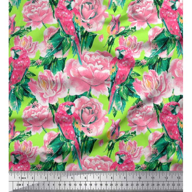 Soimoi Rayon Fabric Leaves,Rose & Parrot Bird Printed Fabric 1 Yard 42 Inch Wide