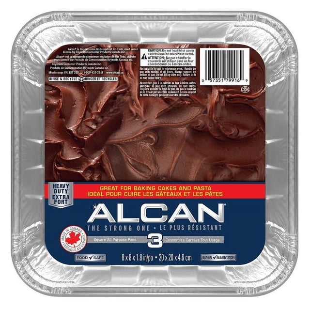 ALCAN® Essentials Aluminum Bakeware Heavy Duty Square All-Purpose Pans 3 count with three stacked disposable aluminum pans and clear plastic lid, measuring 8 x 8 x 1.8 inches (20 x 20 x 4.6 cm), food safe, recyclable, ideal for baking cakes, pasta, and serving food, proudly made in Canada.