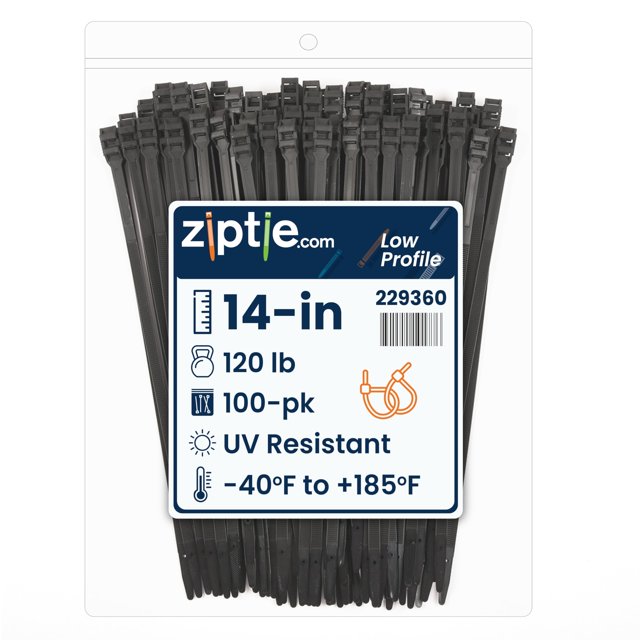 ZipTie.com 14 Pouces Résistant aux UV Noir Profil Bas Attache de Câble Multi-Usage, 120 Lb Résistance à la Traction, Lot de 100
