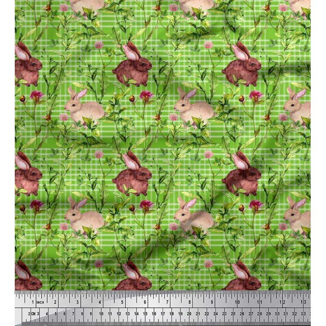 Soimoi Silk Fabric Leaves & Rabbit Animal Decor Fabric Printed Yard 42 Inch Wide