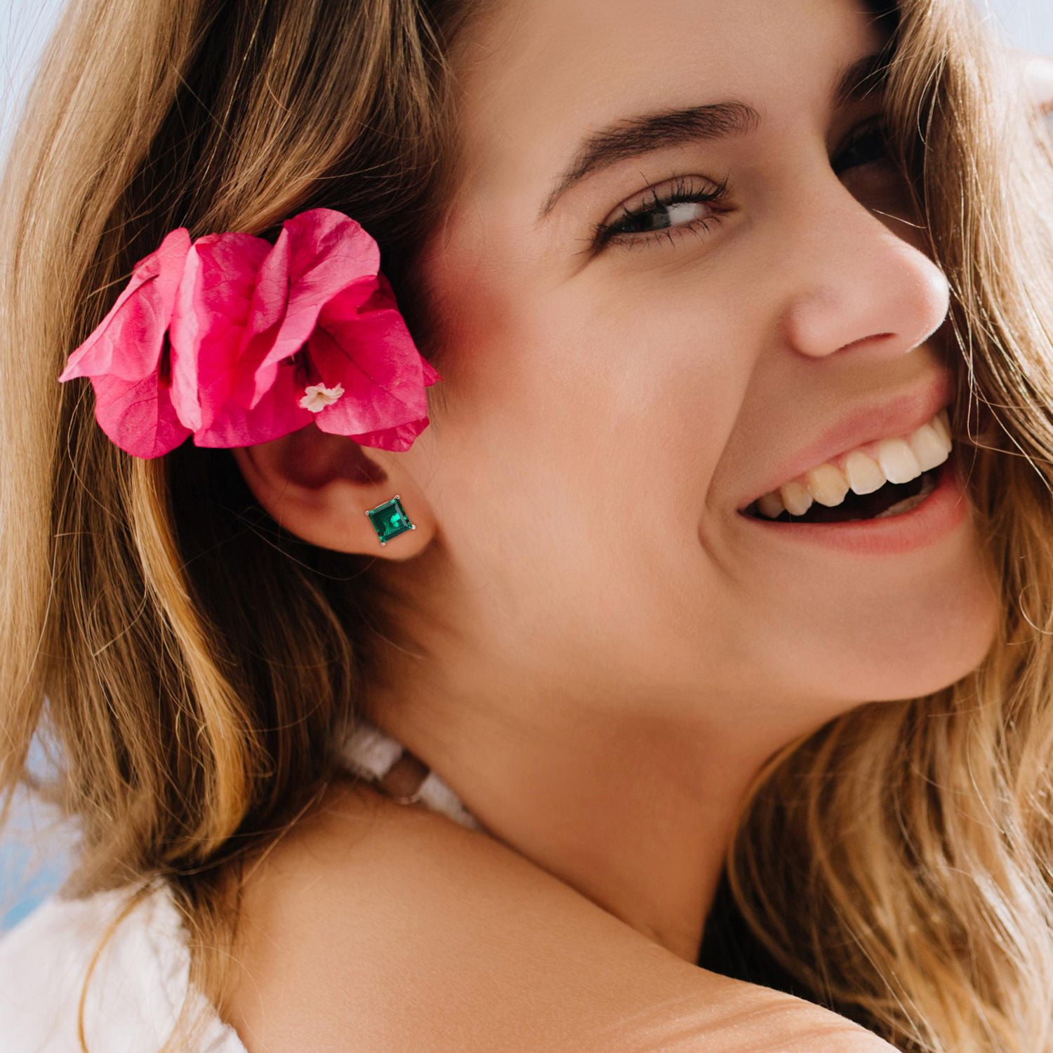 Miabella Princess-Cut Created Emerald Solitaire Stud Earrings in Sterling Silver