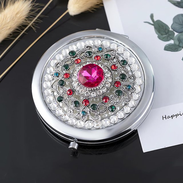 Amanman Miroir de Poche pour Femmes 1x/2x Miroir Compact pour Sacs à Main Fait à la Main Petit Miroir Rond Mini Miroir Miroir de Maquillage de Voyage pour Fille (Rose Pierre)