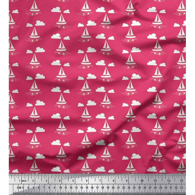 Soimoi Polyester Crepe Fabric Cloud,Fish & Yacht Nautical Print Sewing Fabric Yard 42 Inch Wide