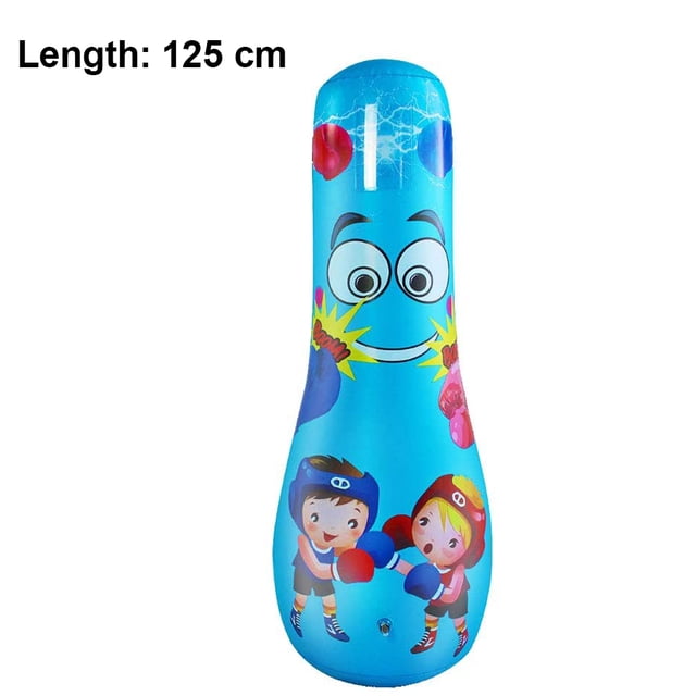Sac de Frappe pour Enfants 125 cm Jouets de Boxe Autoportants pour Enfants Entraînement Physique Sac de Frappe Autoportant Lourd pour Enfants Sac MMA pour Enfants. un Sac de Frappe Gonflable Bleu Vif en PVC durable, Présentant des Graphiques de Dessins Animés Ludiques de Boxe pour Enfants et un design de Visage Souriant. le Sac Mesure 125 cm de Hauteur Lorsqu'il Est Entièrement Gonflé et Comprend une Base Plus Épaisse et Résistante à l'Usure pour la Stabilité. Conçu pour l'Entraînement Physique, le Soulagement du stress et l'Amélioration de la coordination