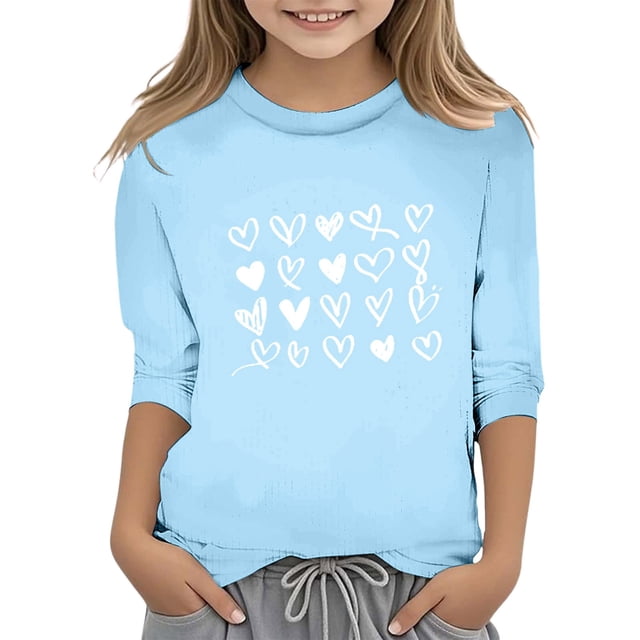LUOGENLI T-Shirt pour Filles T-Shirt de la Saint-Valentin pour Filles Imprimé Mode Col Rond Fonctionnel Manches 3/4 T-Shirt Décontracté Top Maxi Chemises pour Filles Bleu Pâle 5-6 Ans