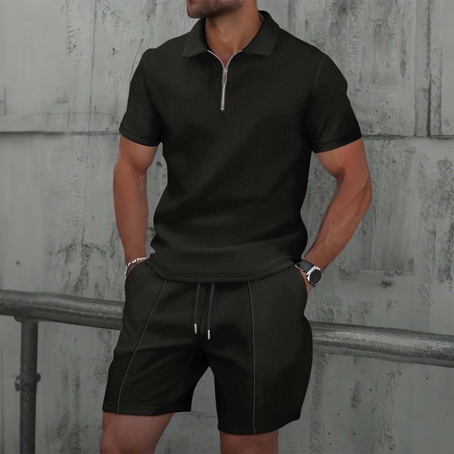 NTACZA Shirt And Shorts Set Mens Short Sleeve Tracksuits Quarter Zip Athletic Men's Sweatsuits S