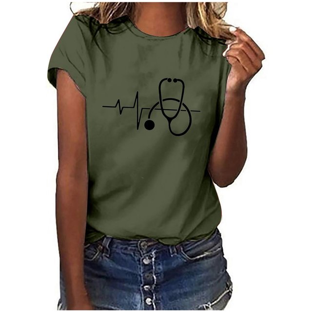 T-shirt Blouse Décontractée pour Femmes à Manches Courtes Imprimée pour la Journée des Infirmières