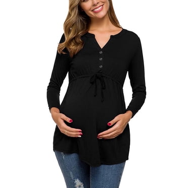 EGNMCR Blouses et Chemises à Manches Longues à Col Rond Col en V à Manches Longues Bandage Couleur Unie Blouse d'Allaitement pour Femmes Enceintes Hauts Blouse pour Femmes Enceintes