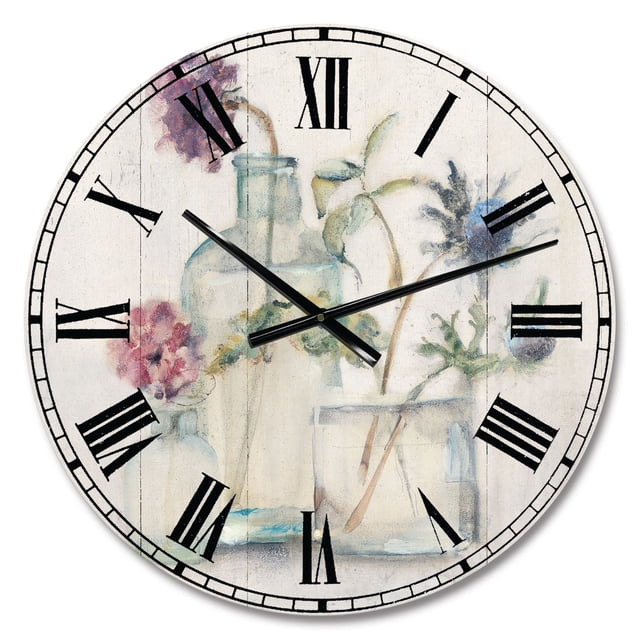 Designart 'Blossoms on Birch Cottage Bouquet II' Farmhouse wall clock with a round glossy aluminum face featuring black Roman numerals and hands over a watercolor-style print of pastel flowers in glass bottles on a whitewashed wood plank background, ready to hang.